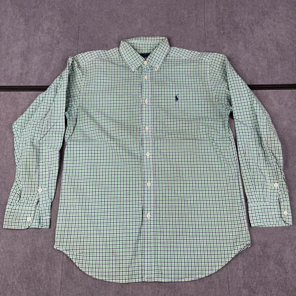 Ralph Lauren Boys Large 14-16 Gingham Check Button Down Shirt Green Blue‎ Cotton